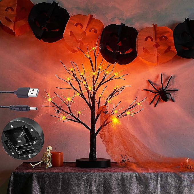 LITBLOOM Lighted Spooky Halloween Tree with Timer Battery Operated or USB Plug in, Pre-lit Black Glittered Tabletop Tree with Orange Lights 24L 18IN for Halloween Home Party Decoration Indoor-Ruum Studio Home