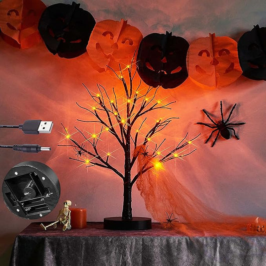 LITBLOOM Lighted Spooky Halloween Tree with Timer Battery Operated or USB Plug in, Pre-lit Black Glittered Tabletop Tree with Orange Lights 24L 18IN for Halloween Home Party Decoration Indoor-Ruum Studio Home