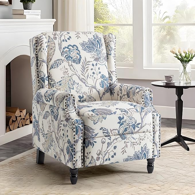 UIXE Pushback Recliner Chair, Push Back Accent Chair Fabric Upholstered Armchair for Living Room, Rivet Trim Home Theater Single Sofa Bedroom Reading Seat - Blue Plants-Ruum Studio Home