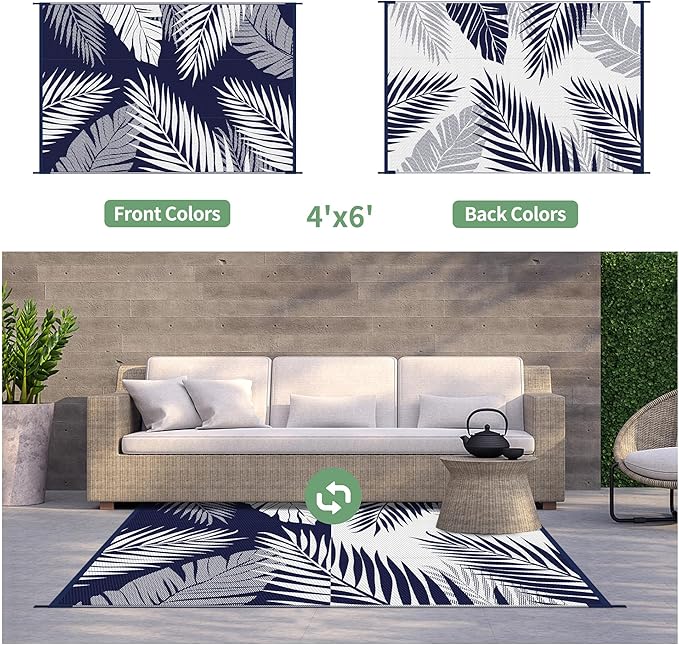 GENIMO Outdoor Rug 4' x 6' Waterproof for Patios Clearance, Reversible Outdoor Plastic Straw Camping Rug Carpet, Large Area Rugs Mats for RV, Camper, Deck, Balcony, Porch, Beach, Navy Blue&White-Ruum Studio Home