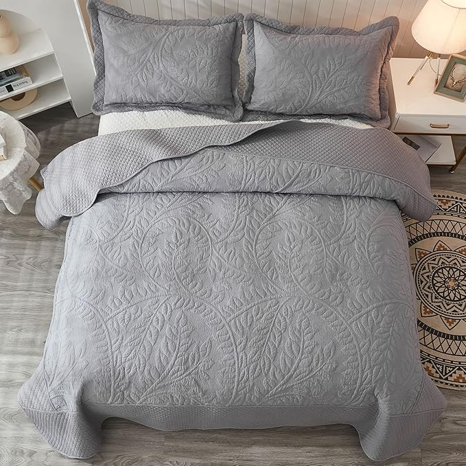 MarCielo 3-Piece 100% Cotton Oversized Bedspread Lightweight Quilt Coverlet Embroidery Farmhouse Bedding Set T0 (Light Grey, Oversized Queen (100"x106"))-Ruum Studio Home