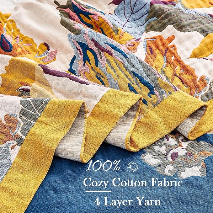 Boho Throw Blanket, 100% Cotton Ultra Soft Luxury Throw Rustic Quilt, 80"x90" Floral Bird Butterfly Farmhouse Decor Bed Blankets, All Season Rustic Reversible Bohemian Throw for Bed - Yellow-Ruum Studio Home