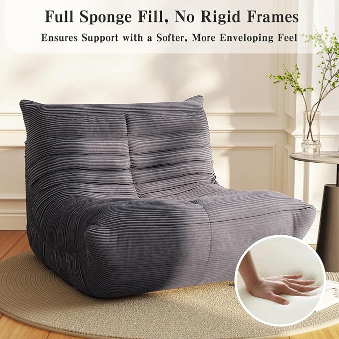Bean Bag Chair, Lazy Floor Sofa Couch for Adults and Kids, Fireside Chair with Ergonomic Design, Memory Foam Lounge Chair for Living Room Bedroom, Office, Grey-Ruum Studio Home
