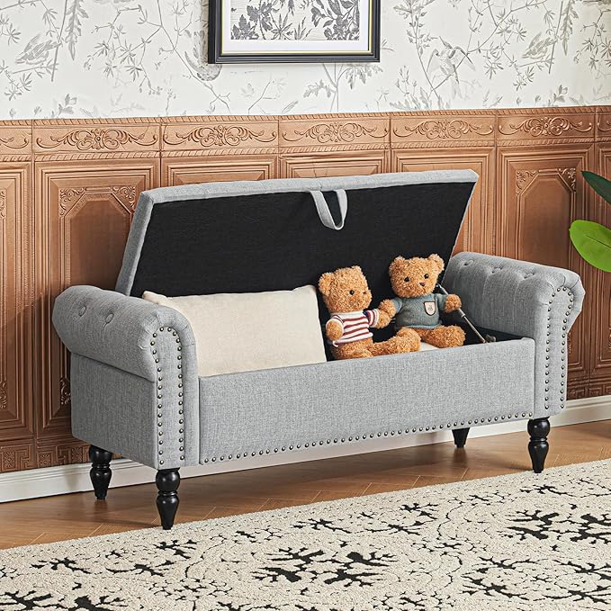 Furniliving 51” Bedroom Bench, End of Bed Bench with Button-Tufted Large Upholstered Storage Bench Ottoman Linen Window Benches with Storage Shoe Cabinet, for Bedroom, Entryway, Closet, Grey-Ruum Studio Home