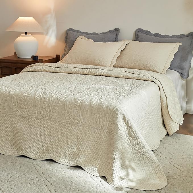 MarCielo 3-Piece 100% Cotton Oversized Bedspread Lightweight Quilt Coverlet Embroidery Farmhouse Bedding Set T0 (Yellowish Beige, Oversized King (118"x106"))-Ruum Studio Home