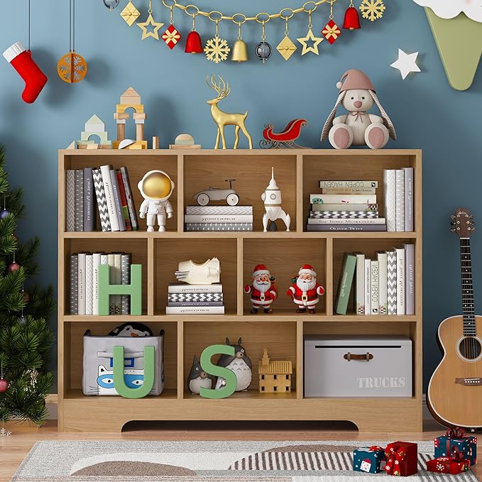 Book Shelf Set of 2, 10 Cubes Storage Organizer, 3-Tier Open Bookshelf Wooden Bookcase, Freestanding Log Bookshelf Cube Shelf for Bedroom, Living Room, Home Office-Ruum Studio Home