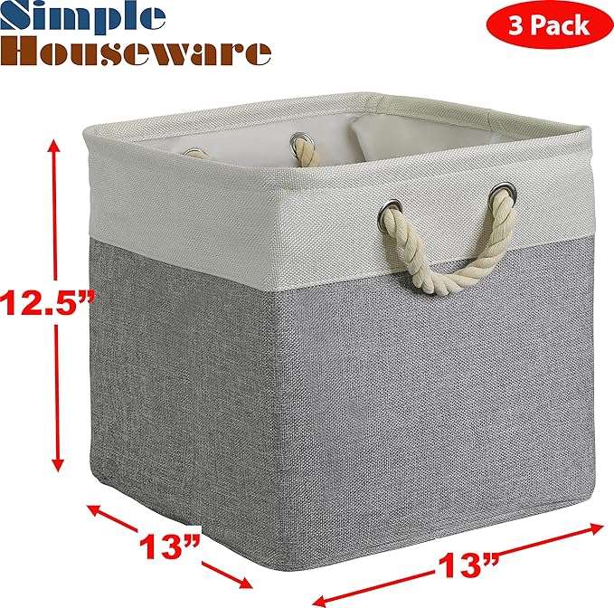 SIMPLE HOUSEWARE Fabric Storage Cubes, 13" x 13" Storage Bin, 3 Pack, Gray-Ruum Studio Home