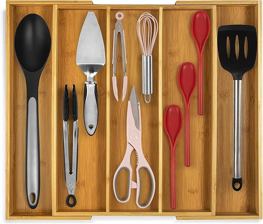 Purawood Kitchen Drawer Organizer - Expandable Utensil Drawer Organizer for Kitchen, Cutlery Tray & Silverware Organizer, 3-5 Slots - Bamboo Organizer for Utensils & Flatware (Natural)-Ruum Studio Home