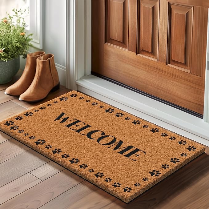 Barnyard Designs Natural Coco Coir Heavy Duty Backing Doormat - Large Cute Non-Slip Front Door Welcome Mat for Outside Entrance or Porch Entry, Brown (17x30, Welcome Paws)-Ruum Studio Home