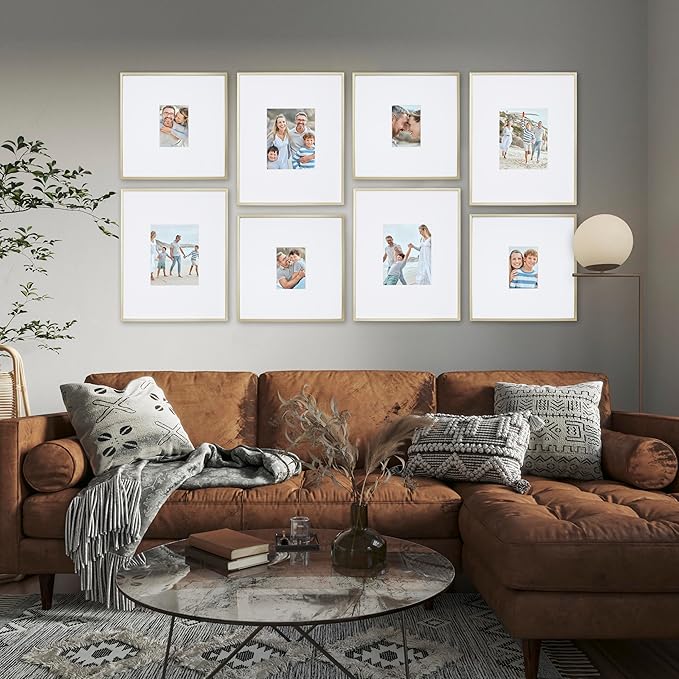 Camden Reed Arcadia 8 Piece Oversized Gallery Wall Frame, 16x20 and 16x16 Inch Matted Frames for Featuring 8x10 and 5x7 Inch Photographs or Art Prints, Gold Finish-Ruum Studio Home