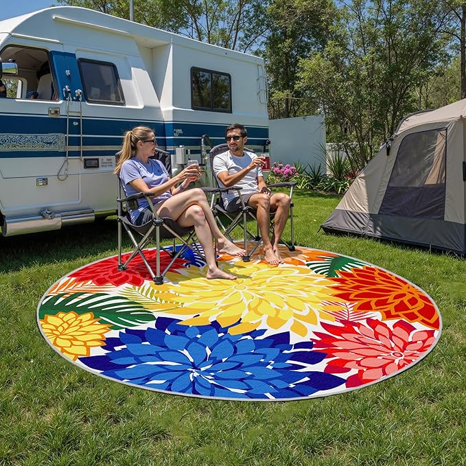 Indoor Outdoor 6FT Round Area Rug Washable Rugs Multicolored Patio Rug Tropical Botanical Modern Floral Indoor Outdoor Round Carpet Non Slip for RV, Pool Deck, Backyard, Porch-Ruum Studio Home
