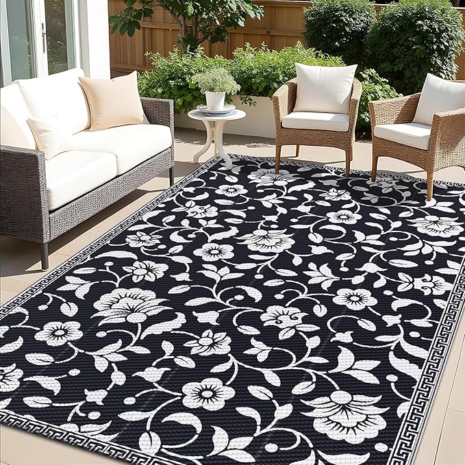 OLANLY Waterproof Outdoor Rug 5x8 ft, Outdoor Plastic Straw Rug with Flower Pattern, Reversible RV Mat for Patio, Camping, Balcony, Deck, Backyard, Black & White-Ruum Studio Home
