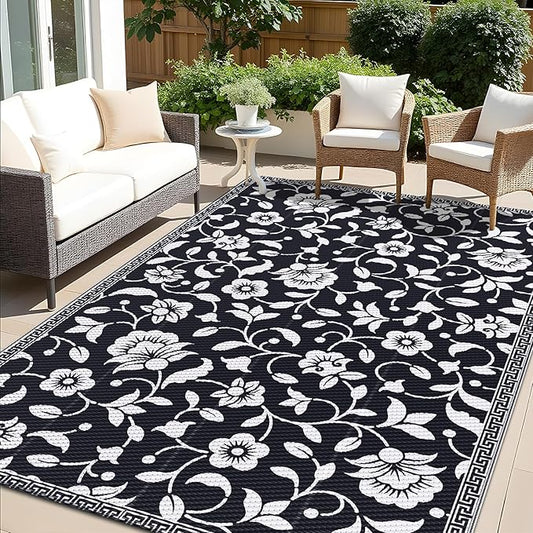 OLANLY Waterproof Outdoor Rug 5x8 ft, Outdoor Plastic Straw Rug with Flower Pattern, Reversible RV Mat for Patio, Camping, Balcony, Deck, Backyard, Black & White-Ruum Studio Home