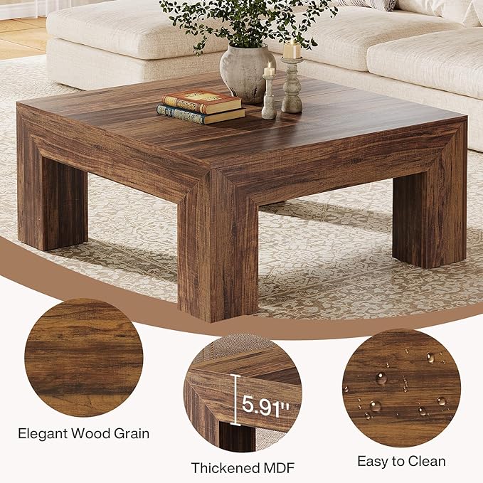 Tribesigns 39.4-Inch Square Coffee Table for Living Room, Farmhouse All MDF Accent Center Cocktail Table with Sturdy Wooden Legs, Easy Assembly, Dark Brown-Ruum Studio Home