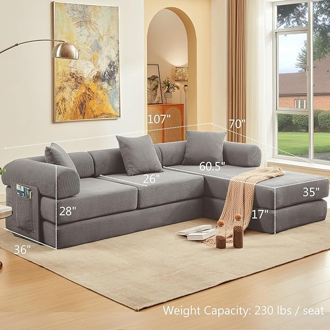 107" Oversized Convertible Sleeper Sofa Bed, Corduroy L Shape Sectional Couch, Folding Sofa Bed with Side Pocket, Modern Cloud Floor Mattress Couch, Modular Sofa for Living Room, Grey-Ruum Studio Home
