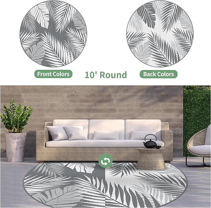 GENIMO Outdoor Rug 10' Round Waterproof for Patios Clearance, Reversible Outdoor Plastic Straw Camping Rug Carpet, Large Area Rugs Mats for RV, Camper, Deck, Balcony, Porch, Beach, Picnic, Grey&White-Ruum Studio Home