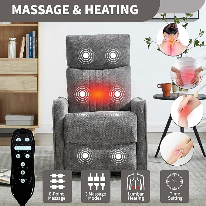Manual Swivel Rocker Recliner Chair for Adults, Overstuffed Reclining Glider Chair for Nursing with Vibration Massage & Heat, Living Room Rocking Recliner 2-Stage backrest, Chenille Fabric Dark Gray-Ruum Studio Home