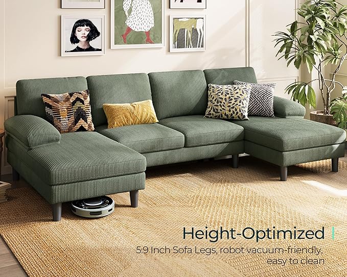 LINSY HOME Sectional Couch, 111'' W Corduroy U Shaped Sofa with Sleepable Armrests, 4 Seat Couch with Double Chaises, Deep Seat Sofa for Living Room, Army Green-Ruum Studio Home