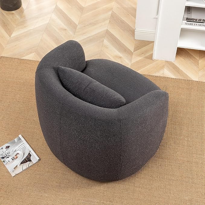 KINWELL 34" Wide Boucle Swivel Barrel Chair, No Assembly Round Upholstered Armchair Accent Chair Single Sofa Chair with Toss Pillow for Living Room and Bedroom, Dark Grey-Ruum Studio Home