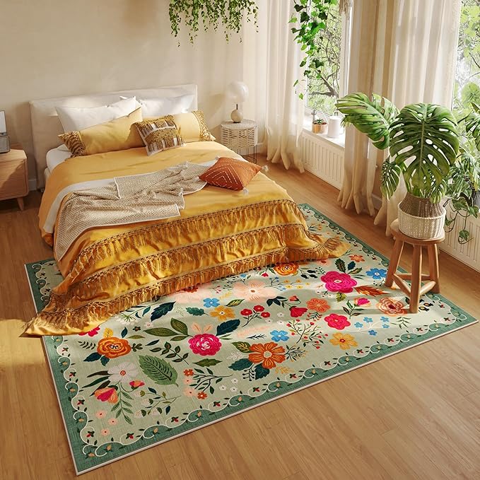 Living Room Rug 6x9 Rug Machine Washable Boho Area Rug Non Slip Floral Vintage Low Pile Large Rug for Living Room, Bedroom, Farmhouse, Dining Room, Kids Playroom(Green)-Ruum Studio Home