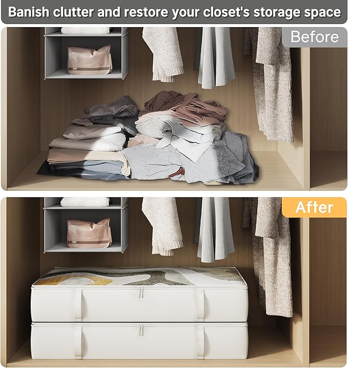 2-Pack Under Bed Storage, 6 Inches Tall Closet Organizers and Storage Bins with Sturdy Sidewalls/Bottom/4 Handles, Beige-Ruum Studio Home