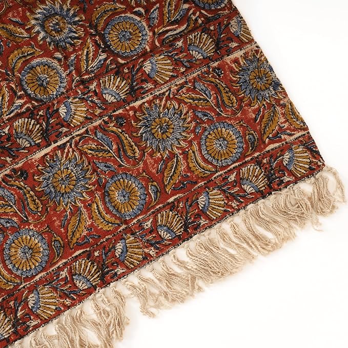 Handmade Cotton Throw Blanket | Floral Block Print in Orange & Navy | 48x70 Inches Fringed Bed Runner | Lightweight Boho Sofa Throw for Couch, Living Room & Bedroom Decor-Ruum Studio Home