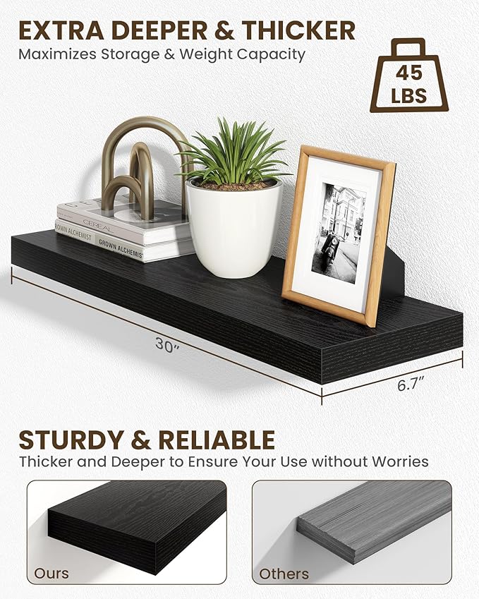 Marsmiles 30" Floating Shelves for Wall, Wooden Shelves with Invisible Brackets Set of 2, Rustic Farmhouse Wall Mounted Shelf for Kitchen Bathroom Living Room Study, Black-Ruum Studio Home