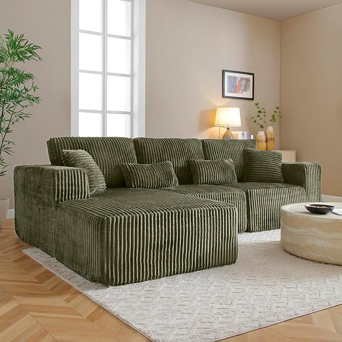 Modular Sectional Sofa Cloud Sectional Couch, 135" Comfy Fluffy L Shaped Olive Green Couches for Living Room, Deep Seat Memory Foam Plush Corduroy Boneless Couch Sectionals Left Facing Chaise Sofa-Ruum Studio Home