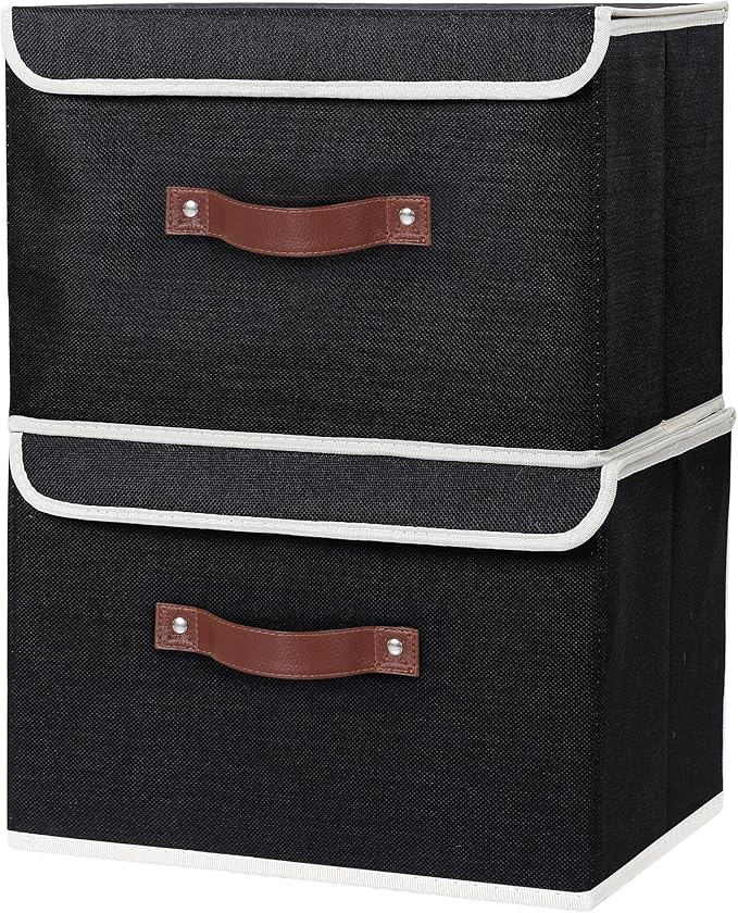 ANMINY 4PCS Storage Bins with Lid PU Leather Handles Storage Boxes PP Plastic Board Decorative Foldable Lidded Cotton Linen Fabric Home Cubes Baskets Closet Organizer Containers - Black, Large Size-Ruum Studio Home
