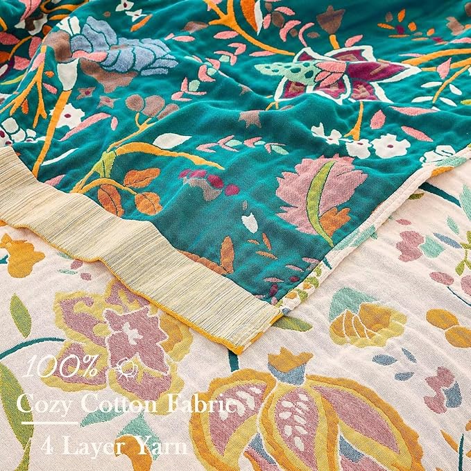 Boho Throw Blanket for Bed, 100% Cotton Soft Rustic Quilt Fall Blanket, 60"x80" Floral Printed Farmhouse Decor Bed Blankets, All Season Rustic Reversible Bohemian Throw Quilt-Ruum Studio Home