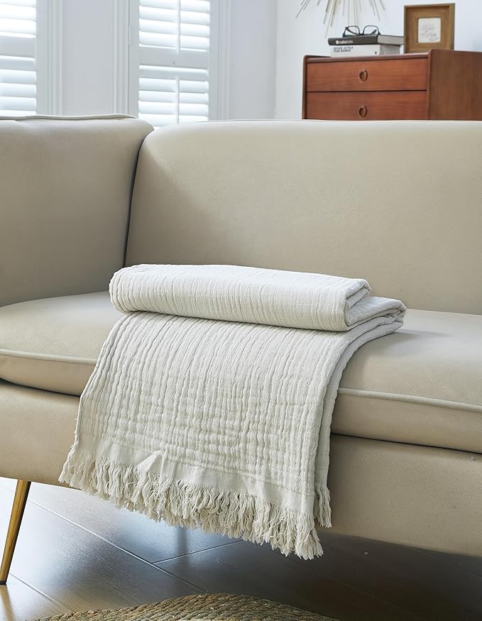 100% Cotton Muslin Throw Blanket for Bed, Couch, Small, Decorative, Soft, Pre-Washed, Breathable and Lightweight Gauze Blanket with Fringes, Suitable for All Seasons, Linen Grey, 50"x60"-Ruum Studio Home