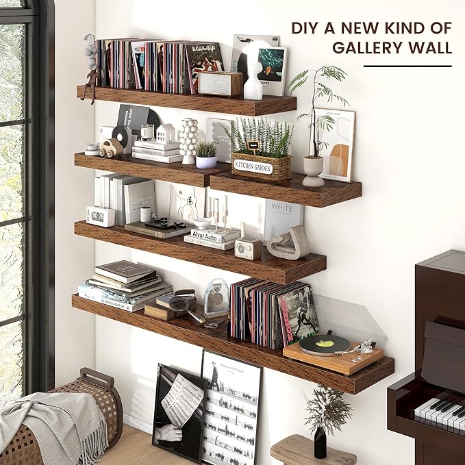 Floating Shelves - 2 Large Wall Mounted Shelves with Invisible Brackets, Long Wood Floating Wall Shelf for Living Room, Bedroom, Kitchen (Brown, 48" W x 9" D x 1.5" H)-Ruum Studio Home