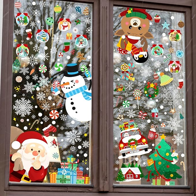 Christmas Window Clings - Christmas Large Window Stickers for Glass Window, Reusable Static Vinyl Double-Sided Winter Decals, Cute Snowflake Snowman Holiday Xmas Decorations, 197 PCS/9 Sheet-Ruum Studio Home
