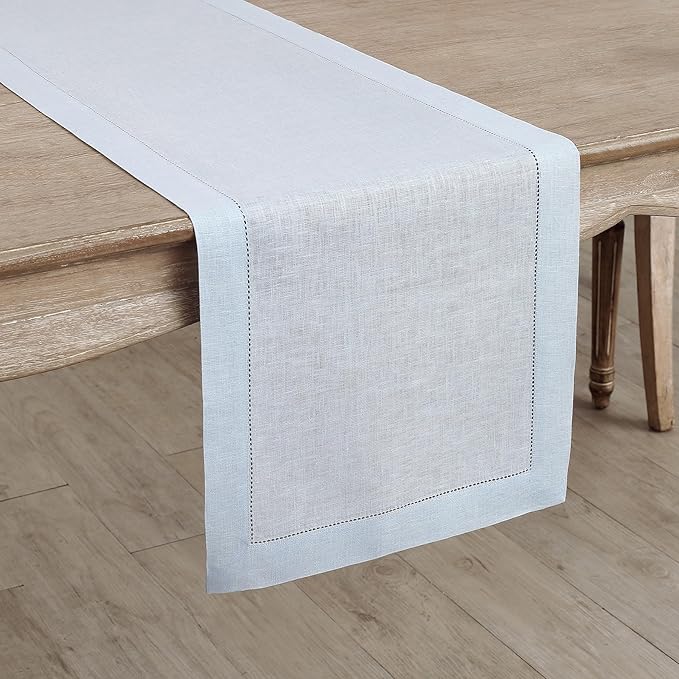 Solino Home Linen Light Blue Table Runner 36 Inches - Classic Hemstitch, 100% Pure Linen Coffee Table Runner 14 x 36 Inch Ideal for Dresser Tables-Ruum Studio Home