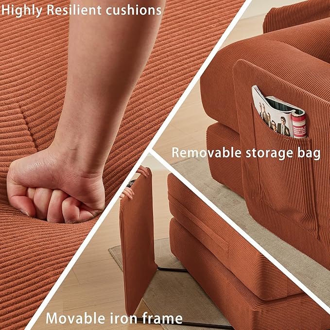107" Oversized Convertible Sleeper Sofa Bed, Corduroy L Shape Sectional Couch, Folding Sofa Bed with Side Pocket, Modern Cloud Floor Mattress Couch, Modular Sofa for Living Room, Orange-Ruum Studio Home
