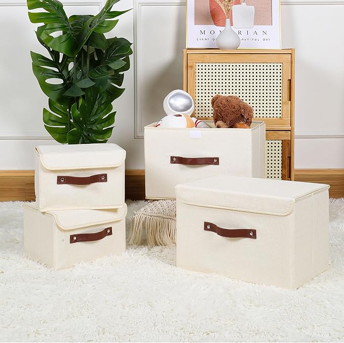 ANMINY 2PCS Storage Bins with Lid PU Leather Handles Storage Boxes PP Plastic Board Decorative Foldable Lidded Cotton Linen Fabric Home Cubes Baskets Closet Organizer Containers - Beige, Small Size-Ruum Studio Home