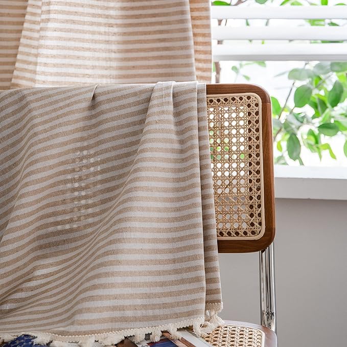 Sutuo Home Boho Curtain 84 Inches Length, Beige Stripes Print Curtain with Handmade Tassels, Rod Pocket Window Treatment Vintage Rustic Bohemian Farmhouse Drape for Bedroom 1 Panel 59" W x 84" L-Ruum Studio Home