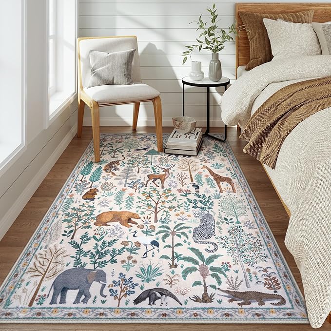 OJIA Jungle Print Washable Area Rugs 5x7, Soft Modern Rugs for Living Room Ultra-Thin Non-Shedding Bedroom Rug, Stain Resistant Neutral Area Rug Large Carpet for Dining Room Kids Nursery Playroom-Ruum Studio Home