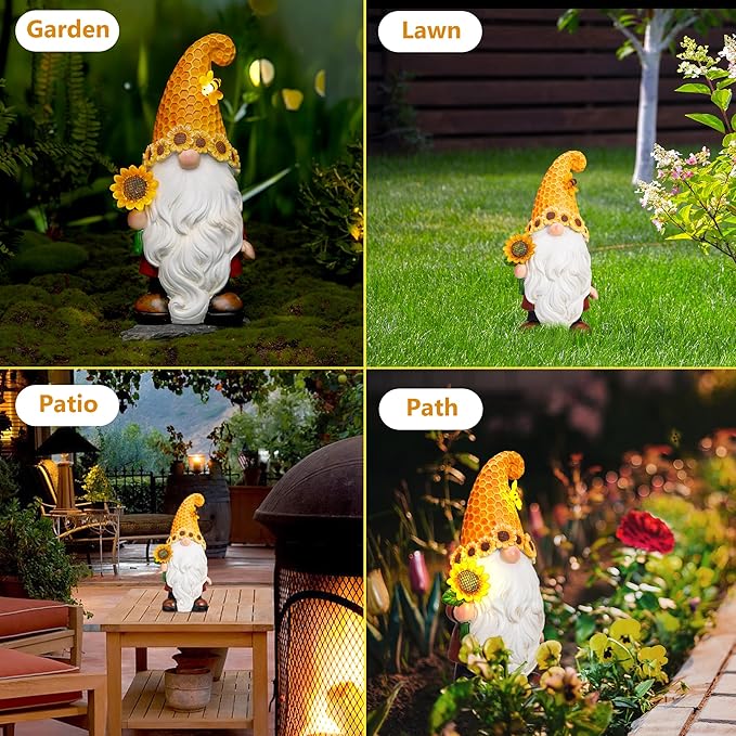 Garden Gnomes Outdoor - Sunflower Gnome Statue with Solar LED Lights for Yard, Patio, Lawn Ornaments - Best Garden Gifts for Mothers Day, Housewarming, Festival-Ruum Studio Home
