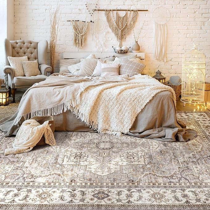 Washable Area Rugs for Living Room - 6x9 Neutral Vintage Distressed Floral Farmhouse Boho Large Soft Floor Rug Indoor Non Slip Carpet for Bedroom Dining Room Office - Grey Brown-Ruum Studio Home