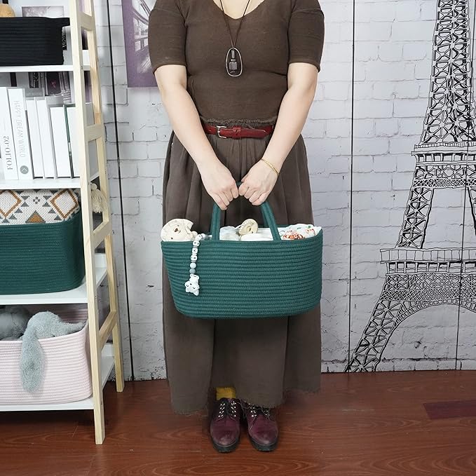 Large Baby Diaper Caddy Organizer for Girl Boy Rope Nursery Storage Bin Basket Portable Holder Tote Bag for Changing Table Car Travel Baby Shower Gifts basket dark green-Ruum Studio Home