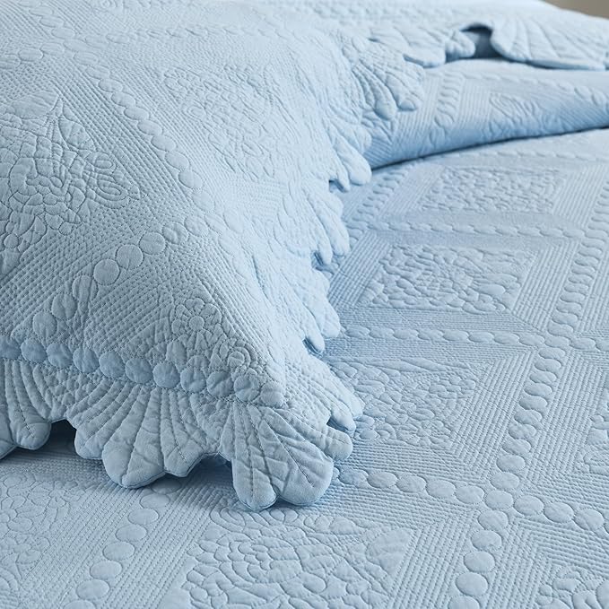 MarCielo 3-Piece 100% Cotton Oversized Bedspread Lightweight Quilt Coverlet Embroidery Farmhouse Bedding Set (TK Light Blue, Oversized King (118"x106"))-Ruum Studio Home