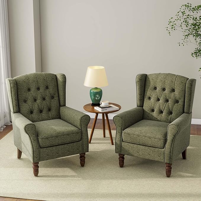 Accent Chair, Upholstered Armchair with Button Tufted High Back & Solid Wood Legs, Comfy Wingback Reading Single Sofa Chair for Small Spaces, Living Room, Bedroom (Green, Set of 1)-Ruum Studio Home