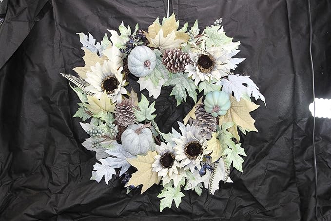 Admired By Nature 24 Inch Artificial Pumpkin Sunflower Fall Wreath Wall Door Farmhouse Decor For Home Office Thanksgiving Harvest Wreaths For Front Door Cemetery Wreaths Indoor Outdoor, Rustic White-Ruum Studio Home