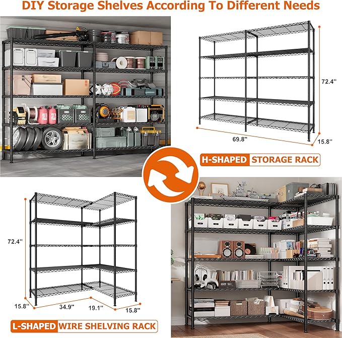 REIBII 1600LBS Storage Shelves Metal Shelving 5 Tier Wire Shelving Unit, 69.8" W Pantry Shelves Kitchen Shelves Adjustable Wire Shelf for Garage Storage Shelves, 69.8" Wx15.8 Dx72.4 H, Black-Ruum Studio Home