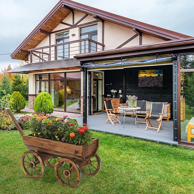 Garden Wooden Decor Rustic Flower Pot,Planters Wagon Indoor Outdoor Backyard Balcony Decor,for Outside Garden Decor Wheelbarrow Planter for Patio (Wooden Wagon)-Ruum Studio Home