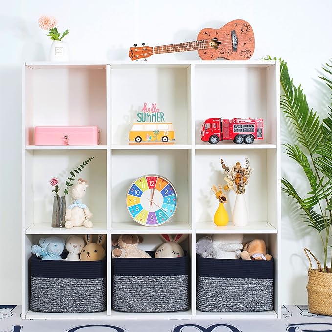 MINTWOOD Design 3-Pack Storage Baskets for Shelves, Playroom and Classroom, Book Basket, Decorative Storage Cube Bins, Woven Closet Organizers, Pantry and Shoe Organizer, Navy Blue-Ruum Studio Home
