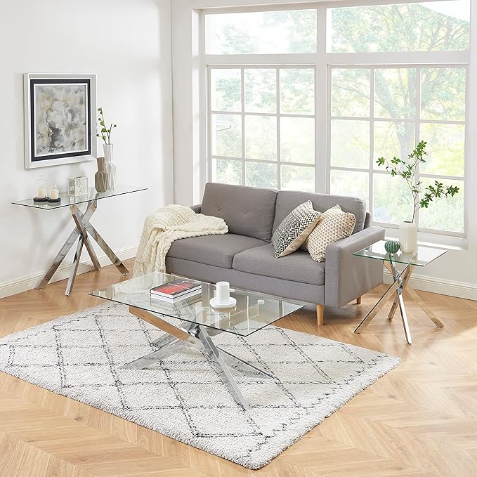 Modern Style Square Side Table with Tempered Glass Top and Metal Tubular Legs, Silver 20”Dx20”Wx22”H-Ruum Studio Home