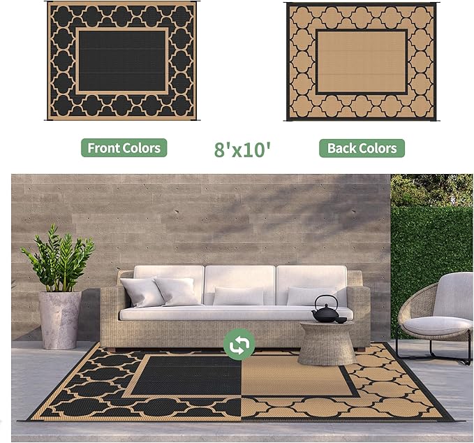 GENIMO Outdoor Rug 8' x 10' Patio Waterproof, Foldable Reversible Plastic Straw Area Rugs Mat for Camper Decor, Outside Carpet for Rv, Deck, Porch, Picnic, Beach, Balcony, Black & Brown-Ruum Studio Home