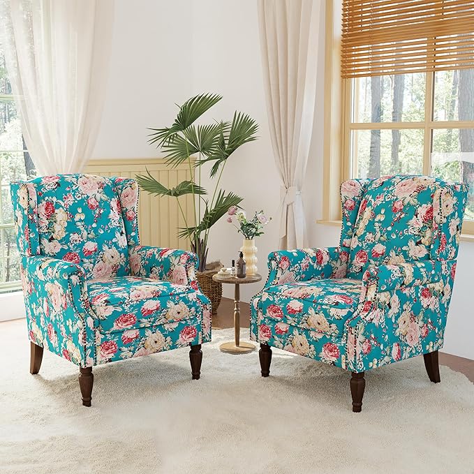 Lumibee High Back Accent Chair Set of 2, Armchair in Fabric,Comfy Upholstered Wingback Single Sofa Reading Chairs with Solid Wood Legs for Living Room,Bedroom,Office-Peacock Blue-Ruum Studio Home